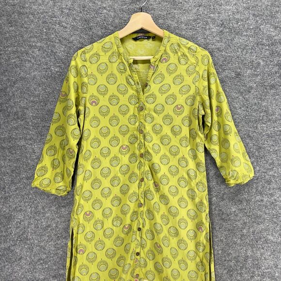 Melange Shirt Dress Women S Small Yellow Geometric Maxi 3/4 Sleeve V-Neck Rayon - Picture 3 of 11